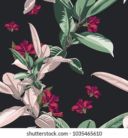 Padrão floral vetor bonito sem costura, fundo de primavera verão com flores tropicais, ficus, folha de selva, hibisco e flor paradisíaca. Papel de parede botânico exótico, estilo havaiano. Fundo escuro.