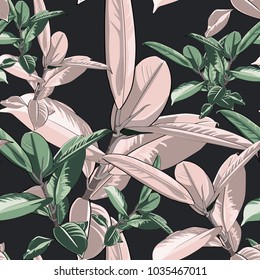 Beautiful seamless vector floral pattern, spring summer background with tropical  ficus, jungle leaf. Exotic botanical wallpaper. Dark backdrop.