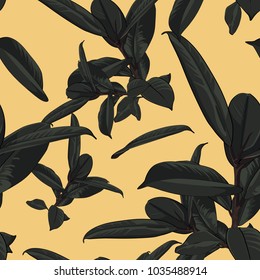 Beautiful seamless vector floral pattern, spring summer background with ficus leaves, jungle leaf. Exotic botanical wallpaper, Hawaiian style. Yellow backdrop.