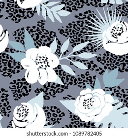 Beautiful seamless vector floral pattern background with animal prints. Perfect for wallpapers, web page backgrounds, surface textures, textile and other design.