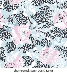 Beautiful seamless vector floral pattern background with animal prints. Perfect for wallpapers, web page backgrounds, surface textures, textile and other design.