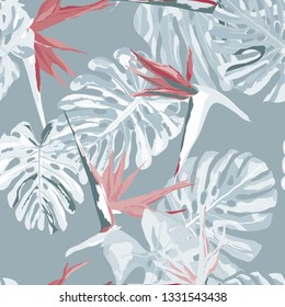 Beautiful seamless vector floral pattern, spring summer background with tropical flowers