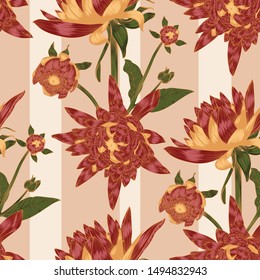Beautiful seamless vector floral pattern, red and yellow gold chrysanthemum flowers  with blush color geometric striped background, great as a textile print , wallpapers, gift wrap, manufacturing