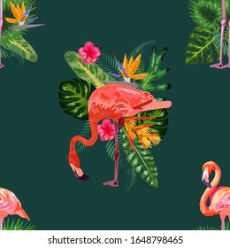 Beautiful seamless vector floral pattern background with pink flamingos, tropical flowers. Abstract geometric texture, polka dot