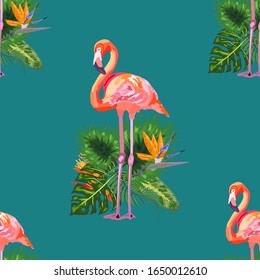 Schöne, nahtlose Vektorillustration, floraler Hintergrund mit rosafarbenen Flamingos, tropischen Blumen. Abstrakte geometrische Struktur, Polka-Punkt
