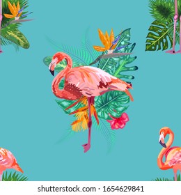 Beautiful seamless vector floral pattern background with pink flamingos, tropical flowers. Abstract geometric texture, polka dot