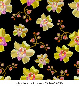 Beautiful seamless vector floral pattern, spring summer background with tropical flowers, of paradise orchid flower. Exotic wallpaper, Hawaiian style