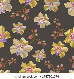 Hermoso patrón vectorial floral sin costura, fondo de verano primaveral con flores tropicales, de flor orquídea paraíso. Papel pintado exótico, estilo hawaiano