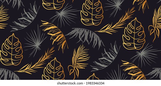 Beautiful seamless vector floral pattern background with gold, gray palm tropical leaves on black. Abstract geometric texture. Perfect for wallpapers, web page backgrounds, surface textures, textile