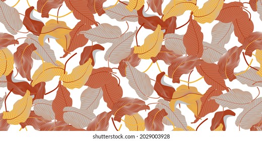 Beautiful seamless vector floral pattern with jungle tropical leaves. Luxury gold and red background. Exotic botanical design for textile, wallpaper, website, wrapping paper, hawaiian style shirt