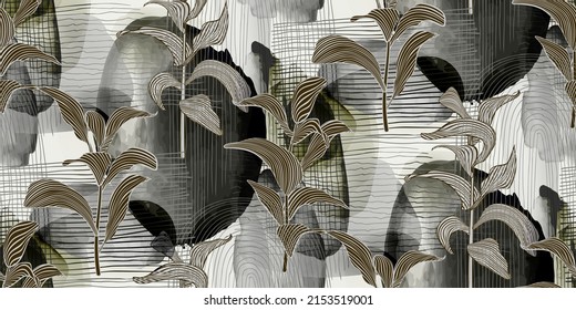 Beautiful seamless vector floral pattern background with palm tropical leaves and abstract forms. Abstract geometric texture. Perfect for wallpapers, web page backgrounds, surface textures, textile