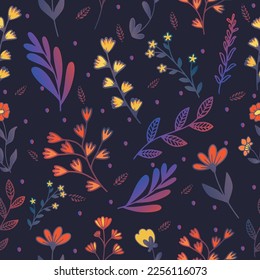Beautiful seamless vector floral pattern bright flowers and leaves of the plant outline on a dark blue purple background Vector flowers