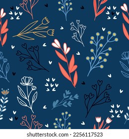 Beautiful seamless vector floral pattern bright light flowers hearts and plant leaves contour on a dark blue purple background Vector flowers