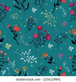 Beautiful seamless vector floral pattern, spring summer background bright flowers and leaves of a plant on a green mint background Vector flowers