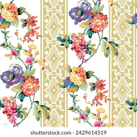 Beautiful seamless vector floral pattern, spring summer background with tropical flowers, palm leaves, jungle leaf, hibiscus, bird of paradise flower. Exotic wallpaper, Hawaiian style