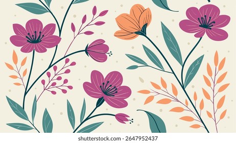 Beautiful seamless vector floral pattern with colorful flowers and leaves, perfect for backgrounds, textiles, and nature-inspired designs.