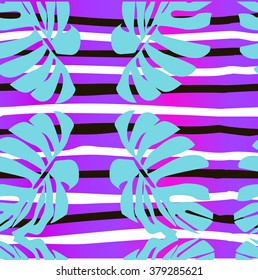 Beautiful seamless vector floral pattern background with tropical palm leaves, jungle leaves. Abstract stripes waves texture
