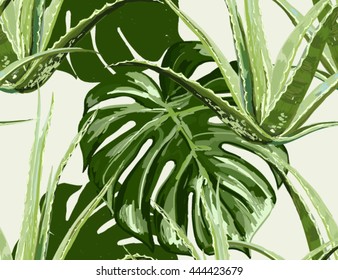 Beautiful seamless vector floral pattern background with aloe vera, tropical leaves. Abstract geometric texture. Perfect for wallpapers, web page backgrounds, surface textures, textile