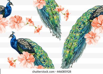 Beautiful seamless vector floral pattern background with peacock, hibiscus. Abstract geometric texture
