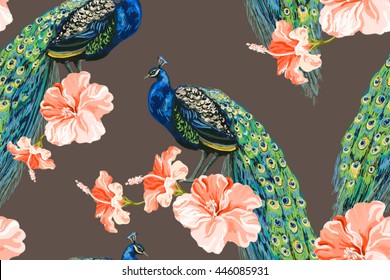 Beautiful seamless vector floral pattern background with peacock, hibiscus. Abstract geometric texture