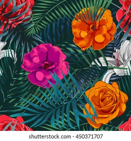 Beautiful seamless vector floral pattern background. Tropical flowers, palm leaves, jungle , plants, exotic print