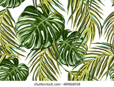 Beautiful seamless vector floral pattern background with palm tropical leaves. Abstract geometric texture. Perfect for wallpapers, web page backgrounds, surface textures, textile