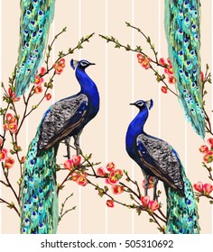 Beautiful seamless vector floral pattern background with peacock, exotic spring flowers. Abstract geometric texture