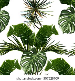 Schöner, nahtloser, floraler Hintergrund mit tropischen Palmblättern. Abstrakte geometrische Struktur. Perfekt für Bildschirmhintergründe, Webseiten-Hintergründe, Oberflächenstrukturen, Textilien