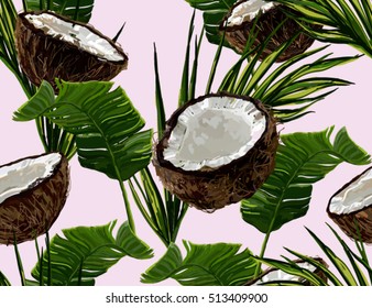 Beautiful seamless vector floral pattern background with tropical jungle palm leaves and coconut 