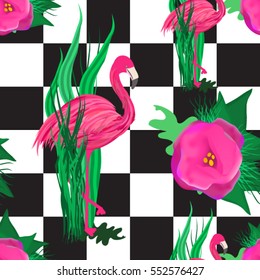 Beautiful seamless vector floral pattern background with pink flamingos, tropical leaves. Abstract geometric texture,chess board.