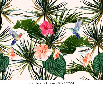 Beautiful seamless vector floral pattern  with hummingbird, palm leaves, hibiscus, tropical flowers. Perfect for wallpapers, web page backgrounds, surface textures, textile.	