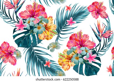 Beautiful seamless vector floral pattern, spring summer background with tropical flowers, palm leaves, jungle leaf, hibiscus, bird of paradise flower. Exotic wallpaper, Hawaiian style