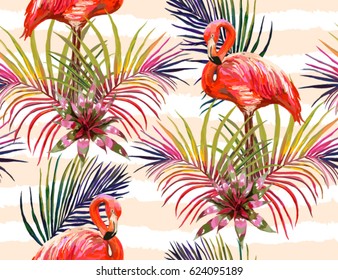 Beautiful seamless vector floral  pattern background with tropical palm leaves, flamingo, guzmania. Perfect for wallpapers, web page backgrounds, surface textures, textile.