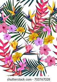 Hermoso vectorial floral sin costura, fondo de verano primaveral con flores tropicales, hojas de palma, hojas de selva, hibiscos, flor del paraíso. Papel tapiz exótico de estilo hawaiano