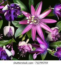 Beautiful seamless vector floral pattern, spring summer background with tropical flowers,  jungle leaf, passionflower, clematis of paradise flower. Exotic wallpaper, Hawaiian style.