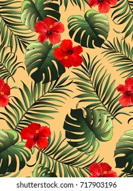 Beautiful seamless vector floral  pattern  with tropical palm leaves and hibiscus flower. Template for wallpapers, web page backgrounds, textile, swimwear.