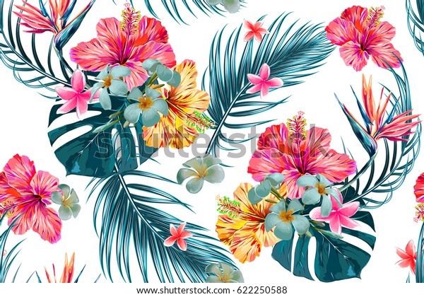 美麗無縫矢量花卉圖案 春夏背景與熱帶花卉 棕櫚葉 叢林葉 芙蓉 天堂花鳥 異國情調壁紙 夏威夷風格庫存向量圖 免版稅