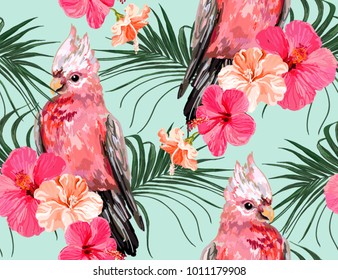 Beautiful seamless vector floral summer pattern background with galah parrot, palm leaves, tropical flowers, hibiscus. Perfect for wallpapers, web page backgrounds, surface textures, textile.