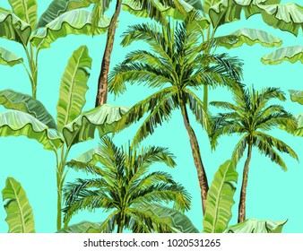 Beautiful seamless vector floral summer pattern with palm trees, banana palm tree, coconut palm tree. Perfect for wallpapers, web page backgrounds, surface textures, textile.