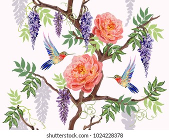 Beautiful seamless vector floral summer pattern background with hummingbird, japanese exotic flowers, peony flowers. Perfect for wallpapers, web page backgrounds, surface textures, textile.