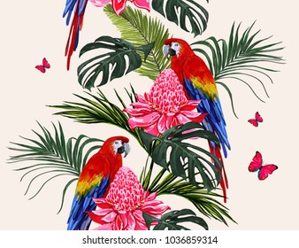 Beautiful seamless vector floral summer pattern background with tropical palm leaves, parrot ara, heliconia, butterflies. Perfect for wallpapers, web page backgrounds, surface textures, textile.