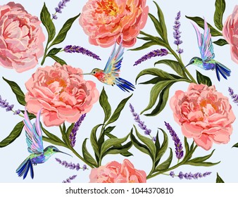 Hermoso fondo vectorial de verano floral sin fisuras con flores de peonía dibujadas a mano, flores de lavanda, colibríes. Perfecto para fondos de escritorio, fondos de página web, texturas superficiales, textiles.