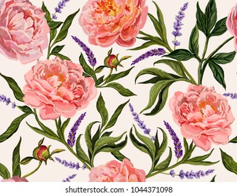 Beautiful seamless vector floral summer pattern background with hand drawn peony flowers,  lavender flowers. Perfect for wallpapers, web page backgrounds, surface textures, textile.
