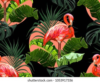 Beautiful seamless vector floral summer pattern background with tropical palm leaves, flamingo, banana leaves, monstera. Perfect for wallpapers, web page backgrounds, surface textures, textile.