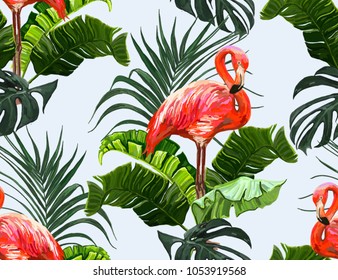 Beautiful seamless vector floral summer pattern background with tropical palm leaves, flamingo, banana leaves, monstera. Perfect for wallpapers, web page backgrounds, surface textures, textile.