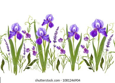 Beautiful seamless vector floral summer pattern background with iris flowers, lavender, sweet pea flowers, tropical flowers. Perfect for wallpapers, web page backgrounds, surface textures, textile.