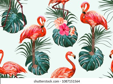 Beautiful seamless vector floral summer pattern background with tropical palm leaves, flamingo, hibiscus. Perfect for wallpapers, web page  surface textures, textile. Botanical tropical  illustration 