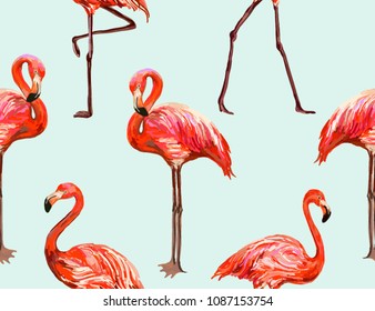 Beautiful seamless vector floral summer pattern background with hand drawn pink flamingos. Perfect for wallpapers, web page , surface textures, textile. Botanical  illustration in Hawaiian style