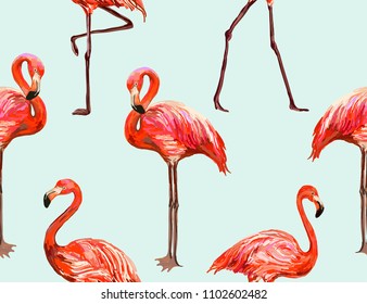 Beautiful seamless vector floral summer pattern background with hand drawn pink flamingos. Perfect for wallpapers, web page backgrounds, surface textures, textile. Botanical tropical  illustration