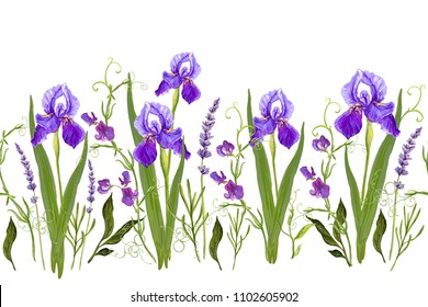 Beautiful seamless vector floral summer pattern background with iris flowers, lavender, sweet pea flowers, tropical flowers. Perfect for wallpapers, web page backgrounds, surface textures, textile.